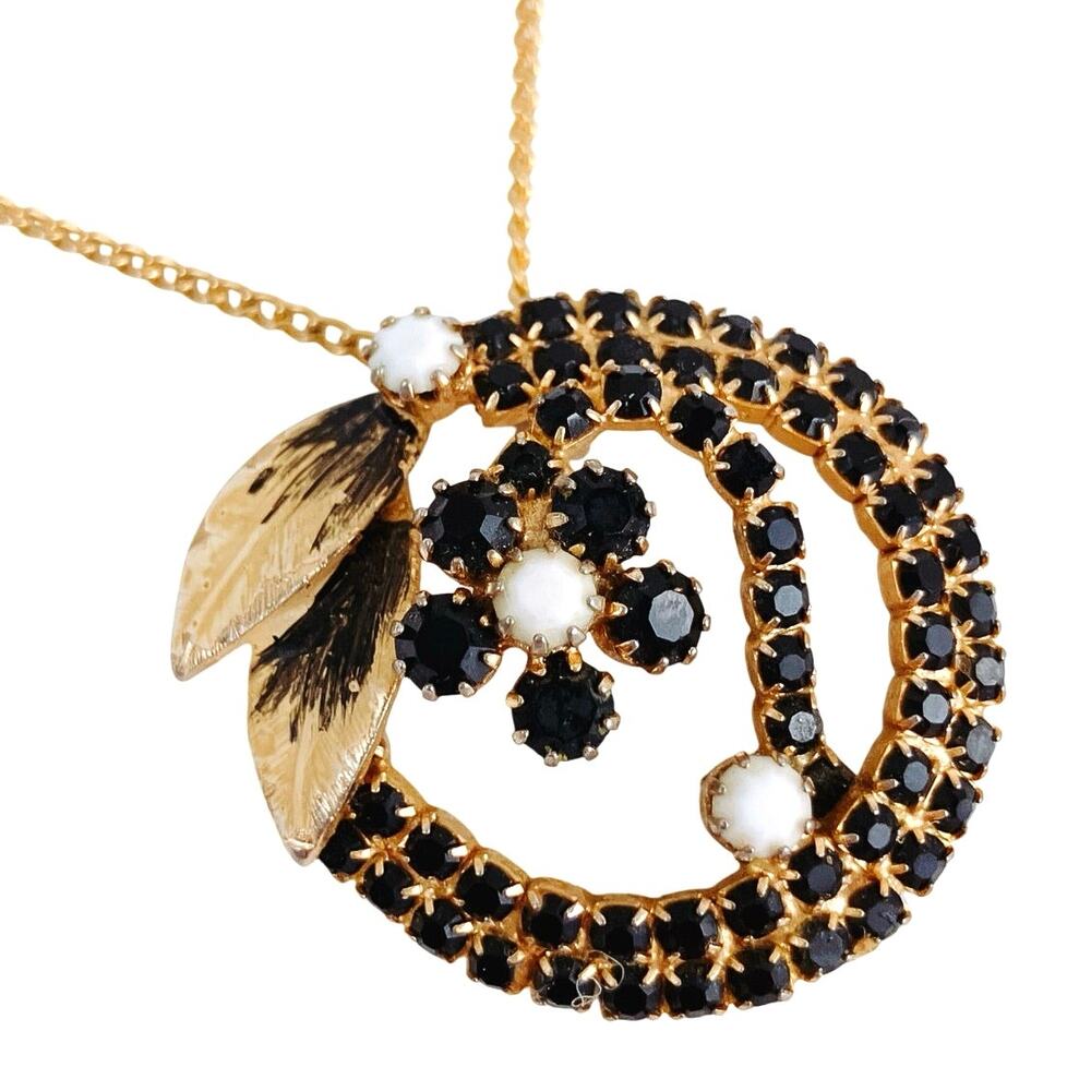 VTG Mid Century Pendant Necklace Black White Rhinestone Floral Gold Tone